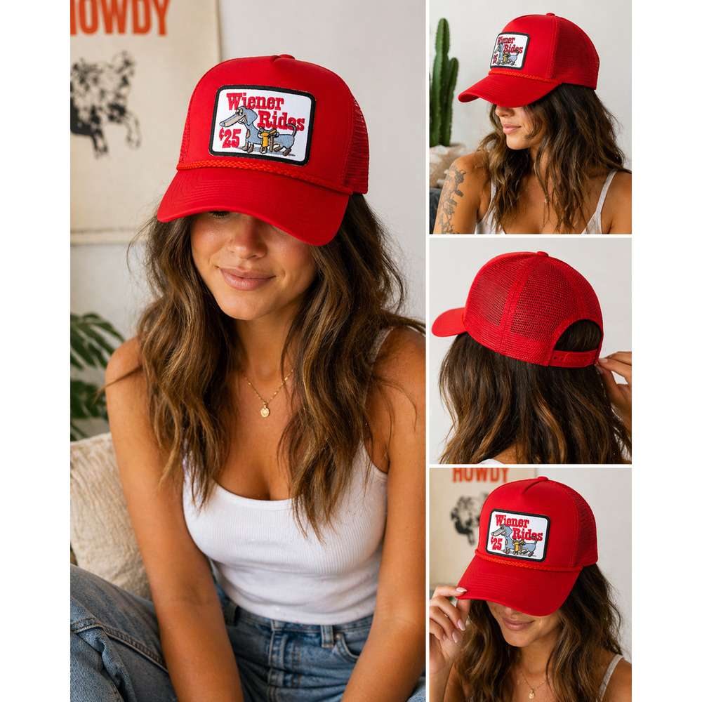 Wiener Rides Trucker Hat Red Mesh Snapback Funny Dachshund Dog Cap OS
